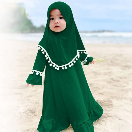 Baby Girls Muslim Prayer Dress with Hijab – Long Sleeve Abaya Set | 0–5 Years