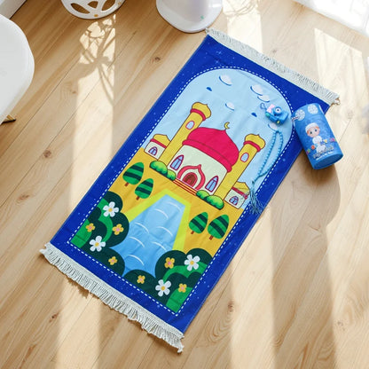 Kids Muslim Prayer Rug Gift Set – 4-Piece Ramadan & Eid Gift for Children | Pink & Blue