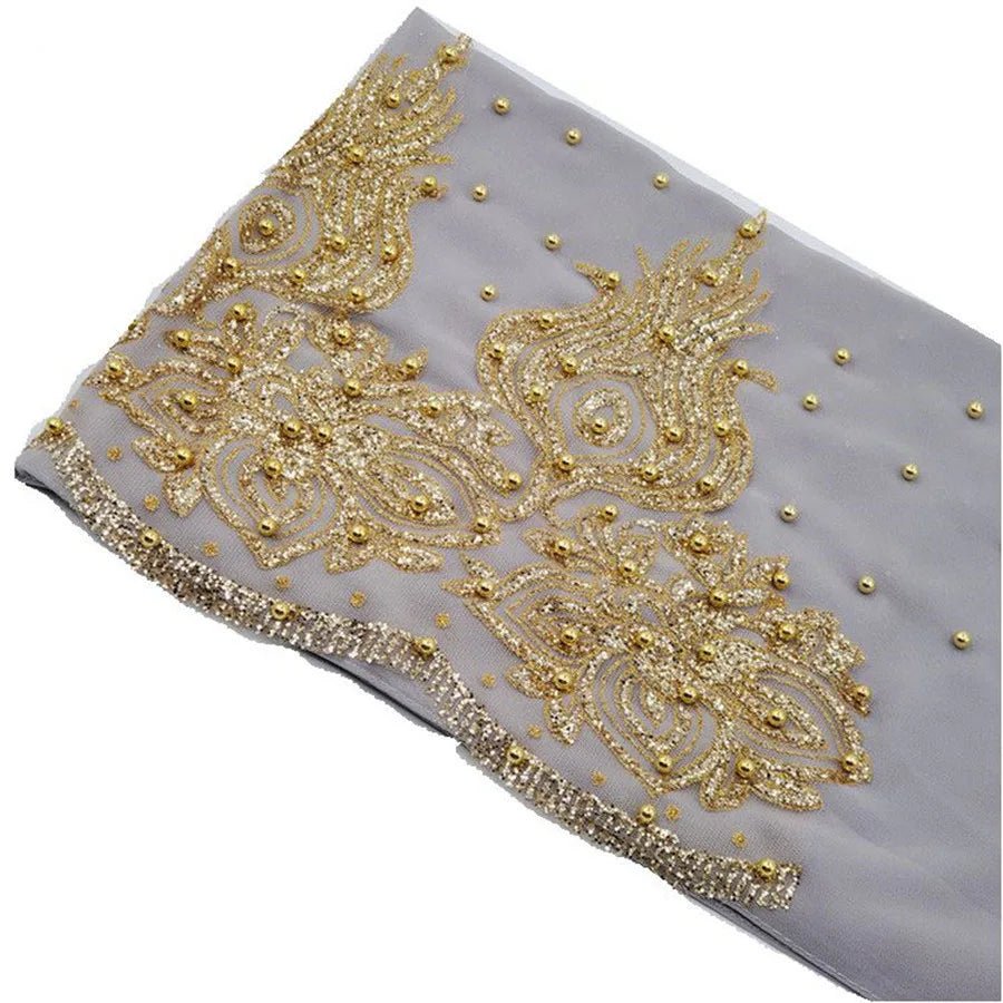 Women's Shimmer Chiffon Hijab Scarf – Gold Glitter & Bead Party Shawl