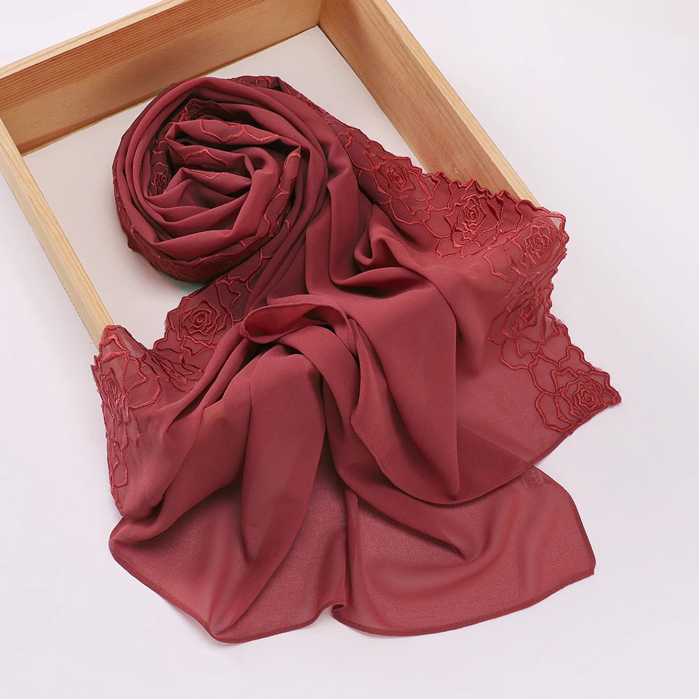 Floral Rose Embroidery Chiffon Hijab, 70 x 175 cm