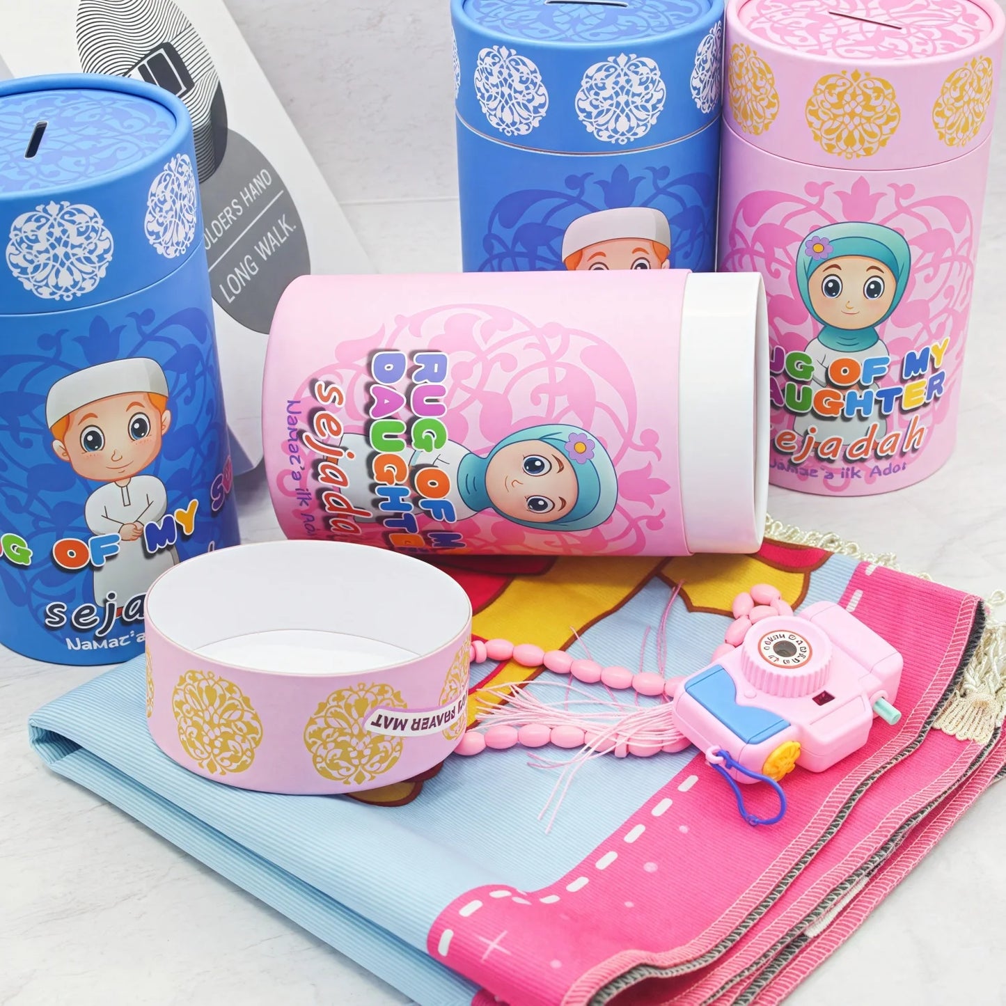 Kids Muslim Prayer Rug Gift Set – 4-Piece Ramadan & Eid Gift for Children | Pink & Blue