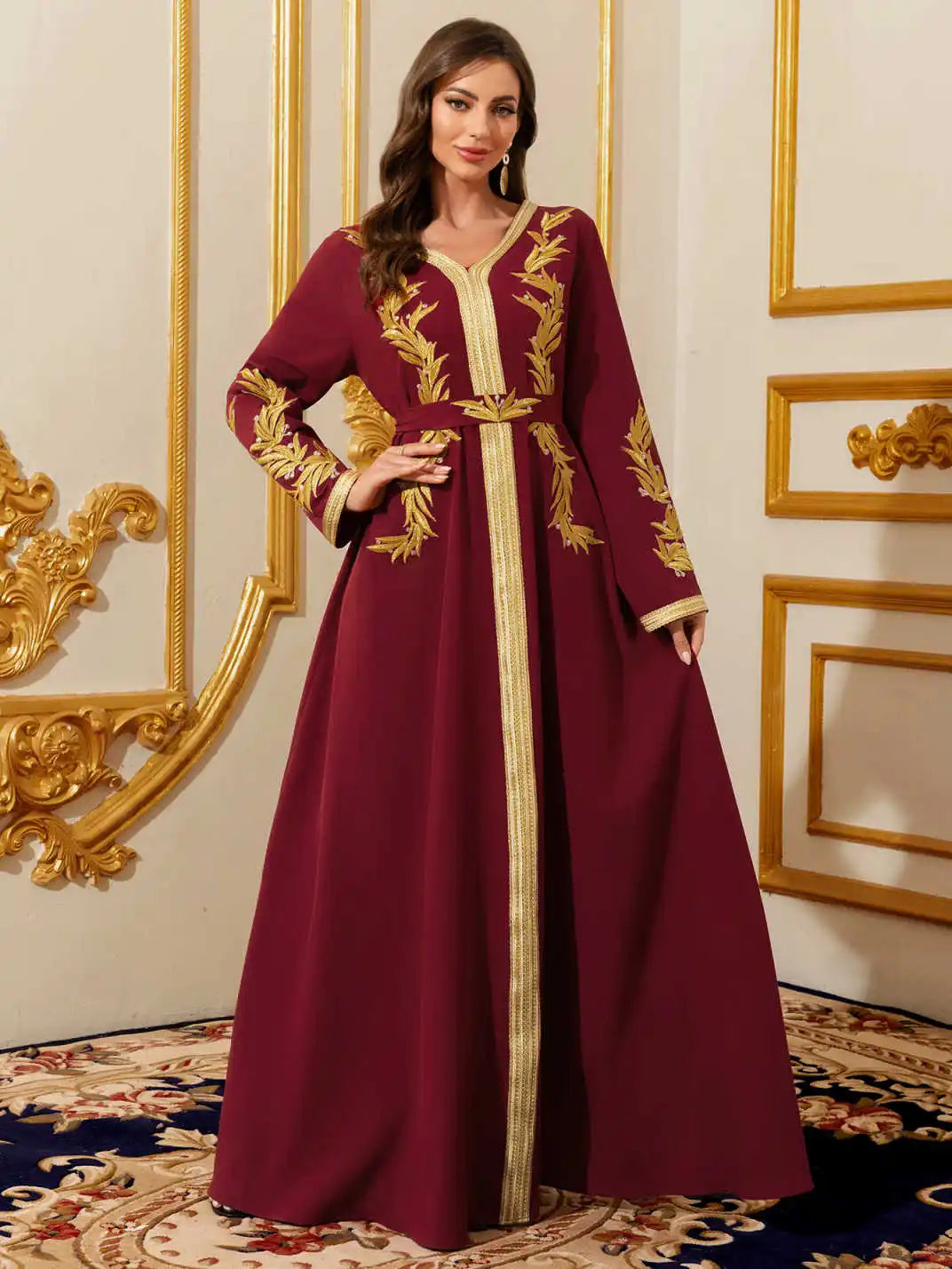 Embroidered Moroccan Kaftan - Floral Lace Maxi Dress