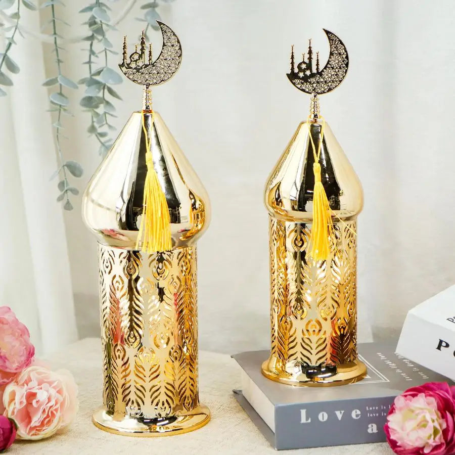 Set of 2 Gold Moroccan Lanterns with LED Fairy Lights & Timer – Metal Laser-Cut Indoor/Outdoor Decor