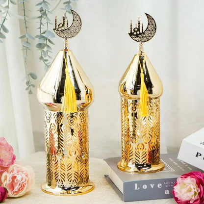 Set of 2 Gold Moroccan Lanterns with LED Fairy Lights & Timer – Metal Laser-Cut Indoor/Outdoor Decor
