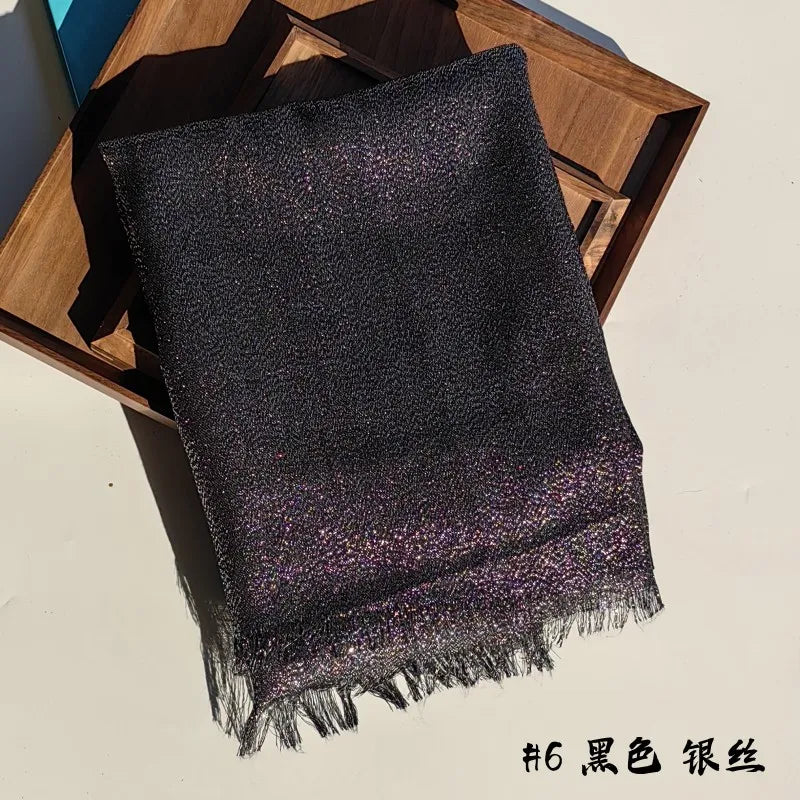 Shiny Fringe Hijab Shawl - 200x80cm Rayon Solid Color Women's Head Wrap
