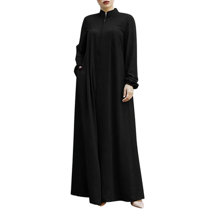 Women's Front Zip Stand-Collar Abaya with Pockets – Loose Fit, S–XXL