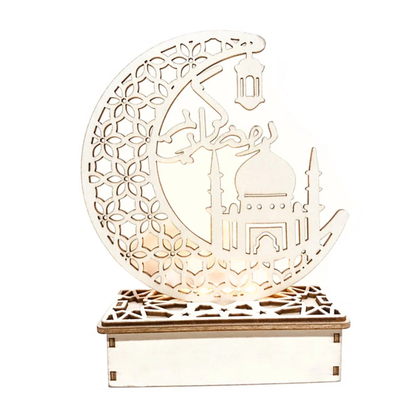 Eid Mubarak Wooden LED Ornament – DIY Moon Cutout Decoration for Ramadan & Islamic Home Decor
