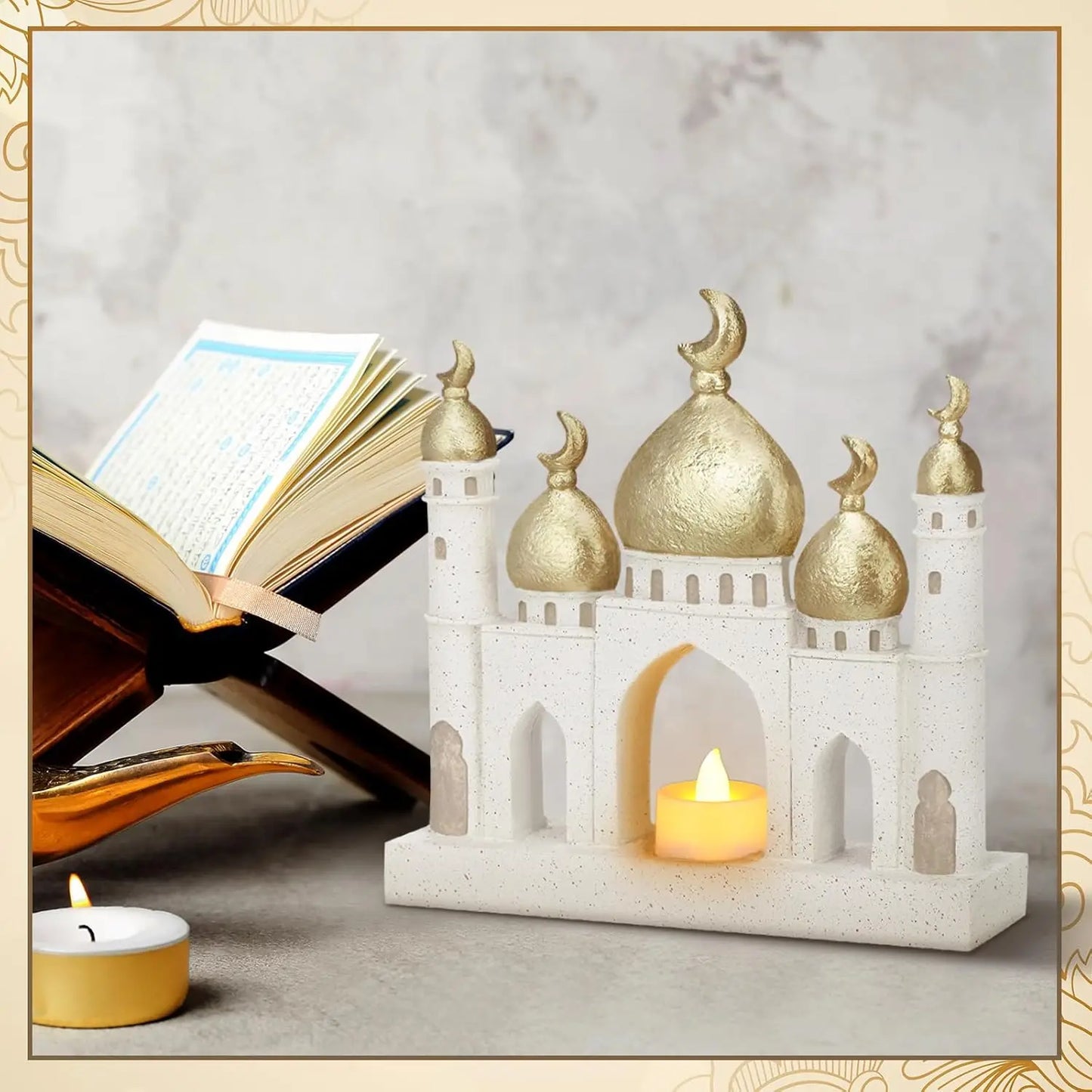 Mosque Tower Sculpture Set – Gold & White Ramadan Eid Decor (3 Pcs)