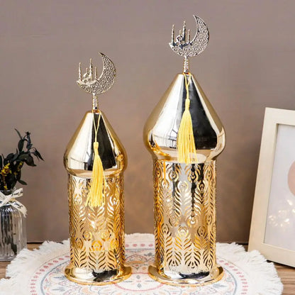 Set of 2 Gold Moroccan Lanterns with LED Fairy Lights & Timer – Metal Laser-Cut Indoor/Outdoor Decor