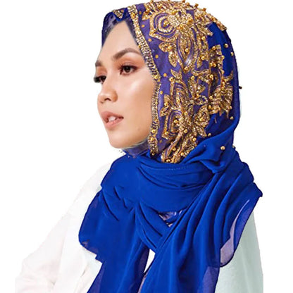 Women's Shimmer Chiffon Hijab Scarf – Gold Glitter & Bead Party Shawl