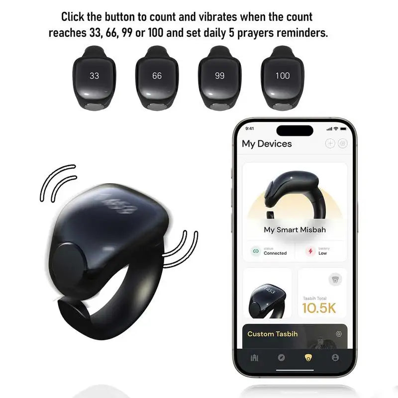 Smart Electronic Tasbeeh Ring – Wireless Charging, IP67 Waterproof | Zikr Counter