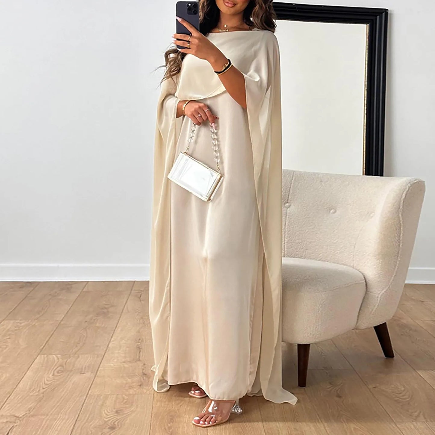 Satin Hooded Abaya - Batwing Sleeve Pullover Dress