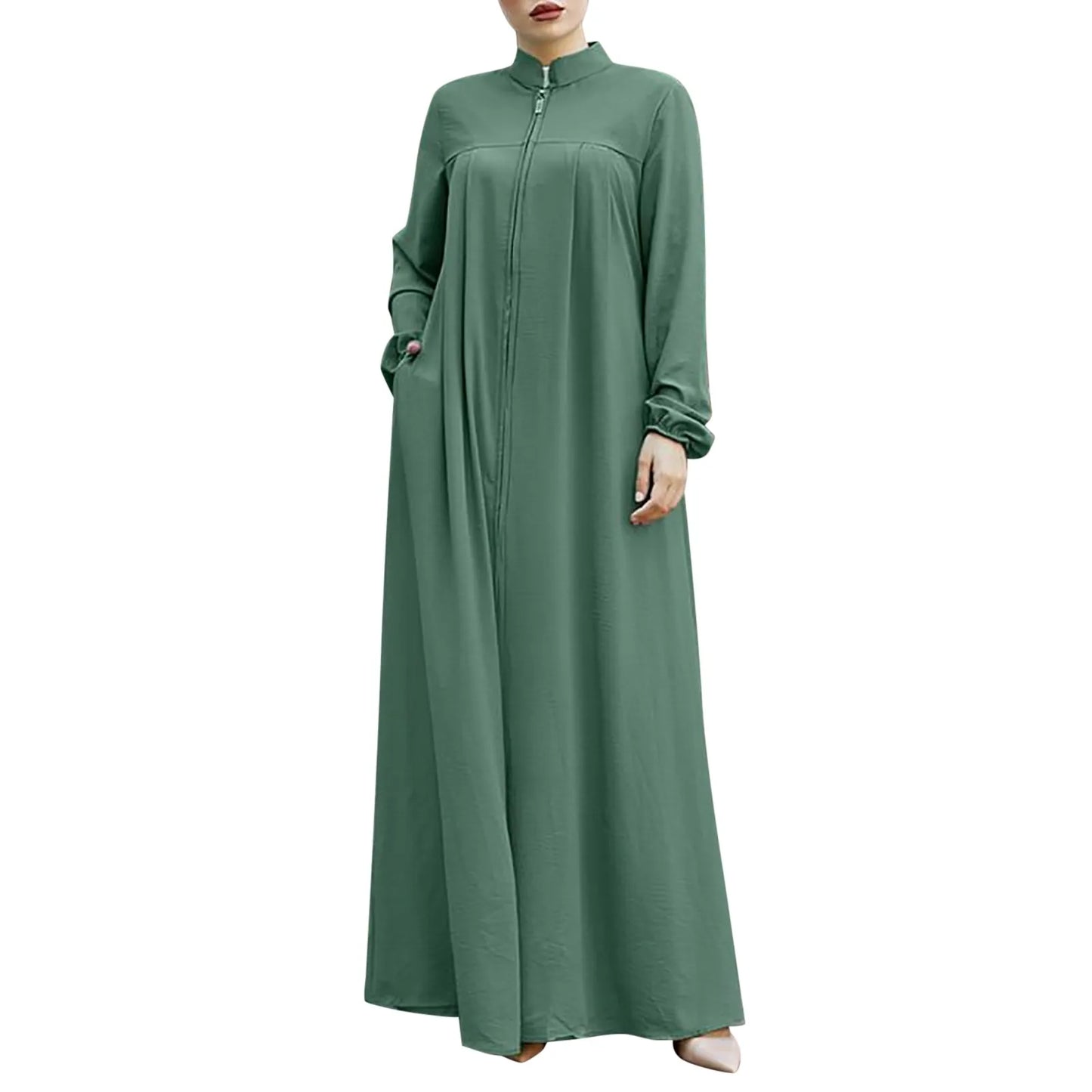 Women's Front Zip Stand-Collar Abaya with Pockets – Loose Fit, S–XXL