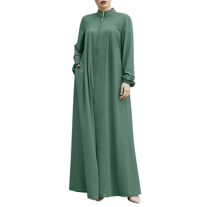 Women's Front Zip Stand-Collar Abaya with Pockets – Loose Fit, S–XXL