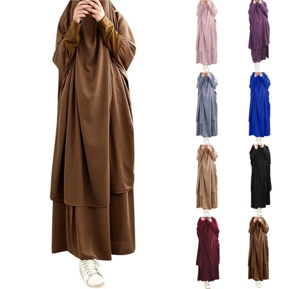 2-Piece Abaya & Long Skirt Set – Soft Stretch Muslim Women’s Prayer Garment | Jilbab Khimar | 8 Colors