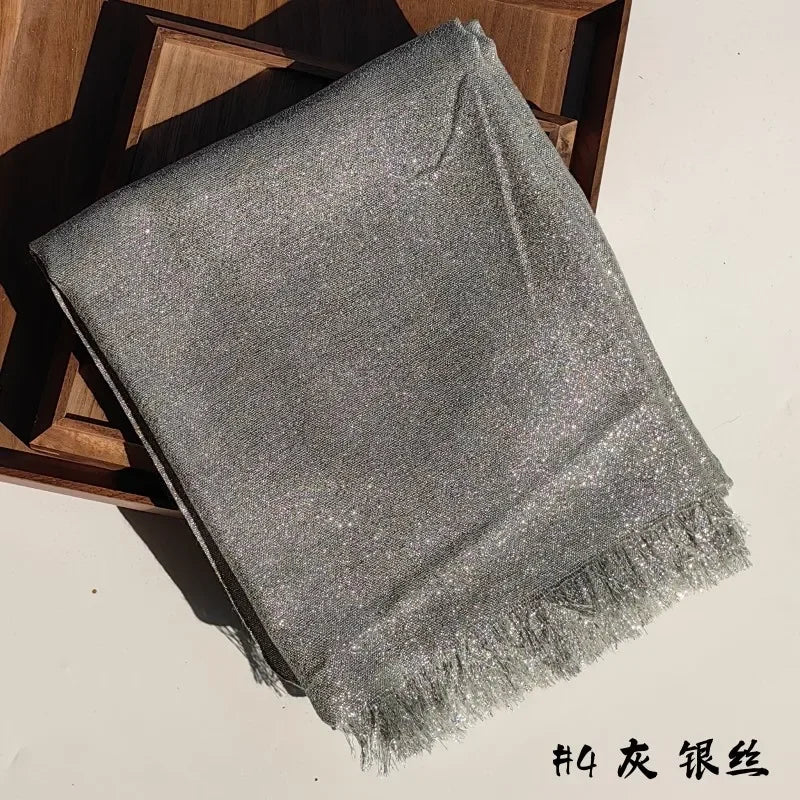 Shiny Fringe Hijab Shawl - 200x80cm Rayon Solid Color Women's Head Wrap