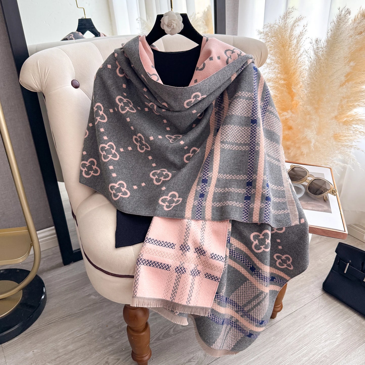 Plaid Blanket Scarf & Shawl – Thick Winter Wrap & Hijab for Women | Black & Pink