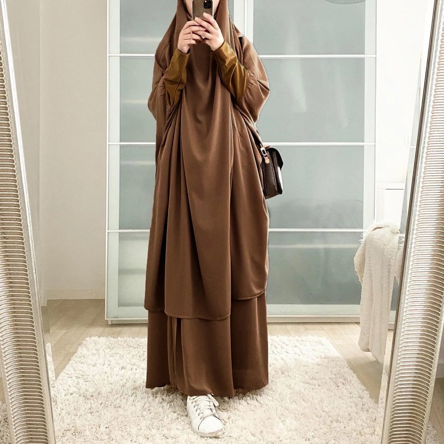 2-Piece Abaya & Long Skirt Set – Soft Stretch Muslim Women’s Prayer Garment | Jilbab Khimar | 8 Colors