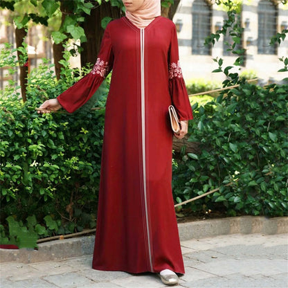 Floral Print Zipper Abaya - Long Sleeve Maxi Dress