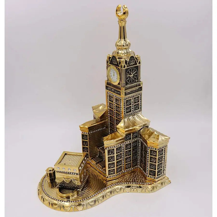 Kaaba & Clock Tower Replica Sculpture – 99 Names of Allah Gold Islamic Decor with Working Clock