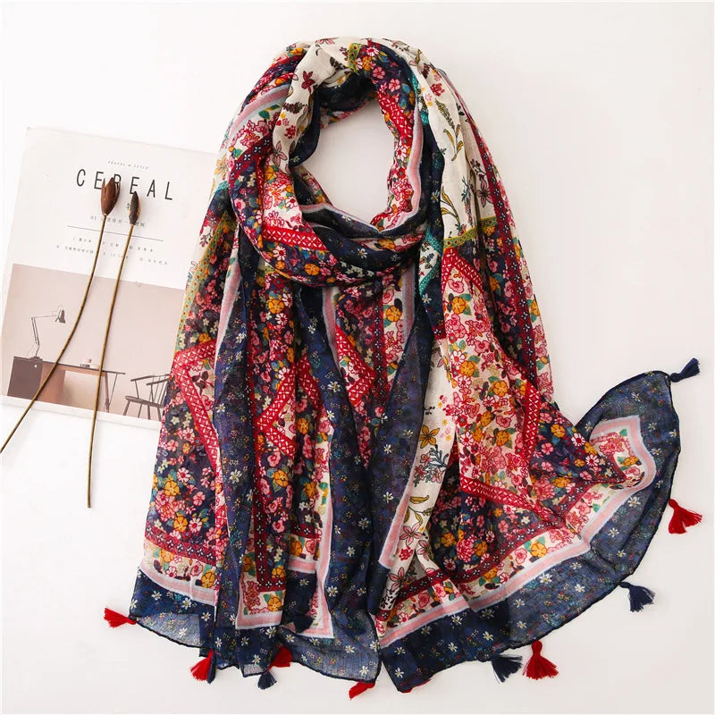 Printed Cotton Tassel Scarf – Large 180x90cm Hijab, Shawl & Beach Wrap (43 Colors)