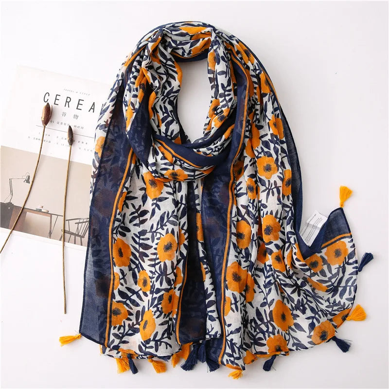 Printed Cotton Tassel Scarf – Large 180x90cm Hijab, Shawl & Beach Wrap (43 Colors)