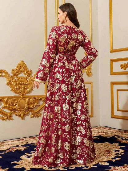 Moroccan Floral Kaftan Abaya - Gold Embroidery Maxi Dress