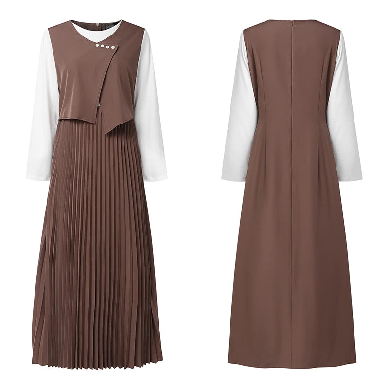 Layered Pleated Muslim Maxi Dress – Color-Blocked Patchwork Abaya Gown | Long Sleeve | S–XXXL | 3 Colors