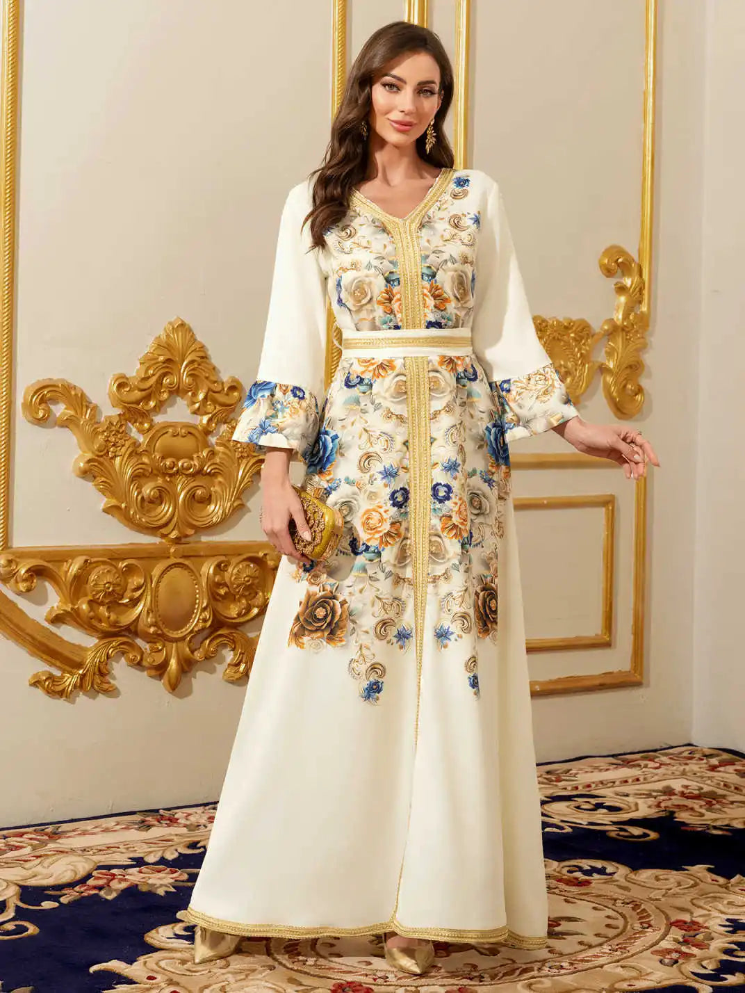 Gold Embroidered Moroccan Kaftan - Modest Maxi Dress