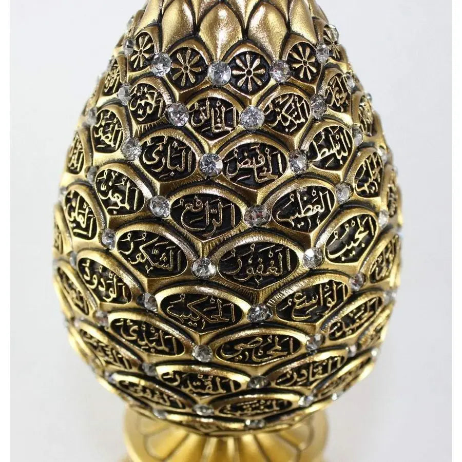 Gold Egg Sculpture with 99 Names of Allah – Rhinestone Islamic Home Decor (2 Sizes)