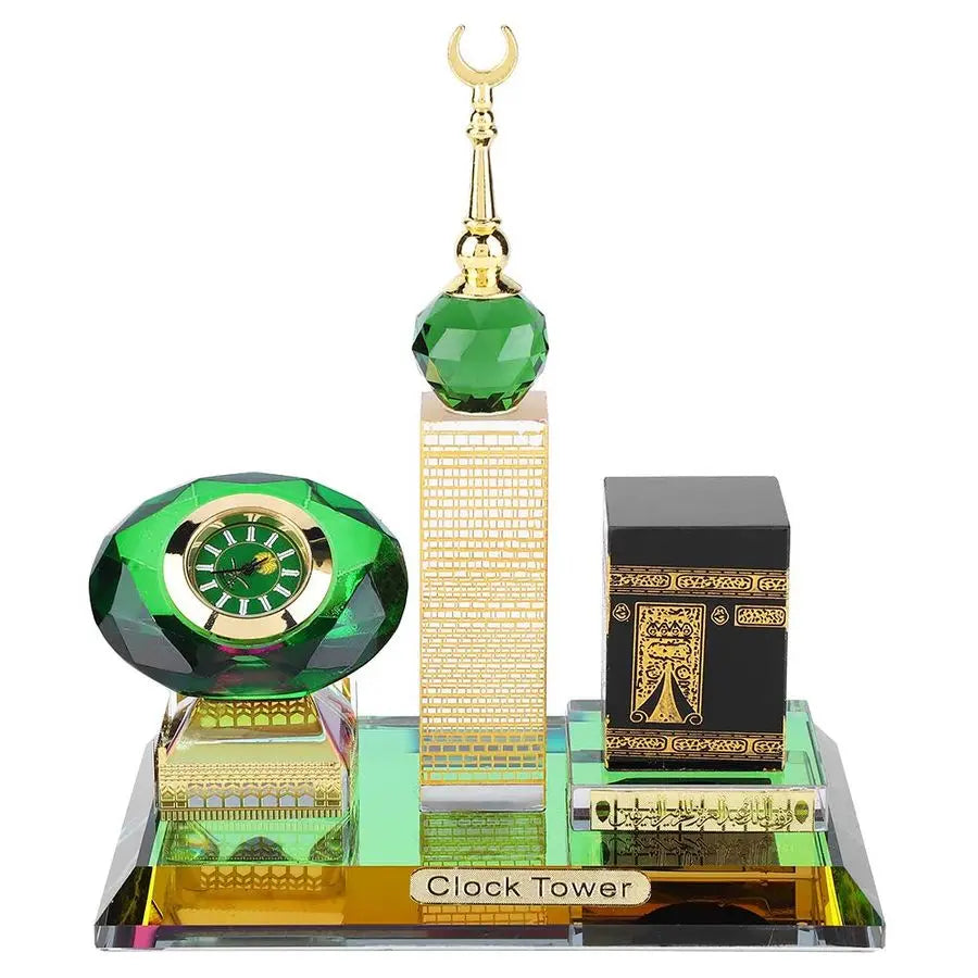 Kaaba Clock Tower Crystal Figurine | 3-in-1 Islamic Table Decor | Titanium Crystal Islamic Architecture Model