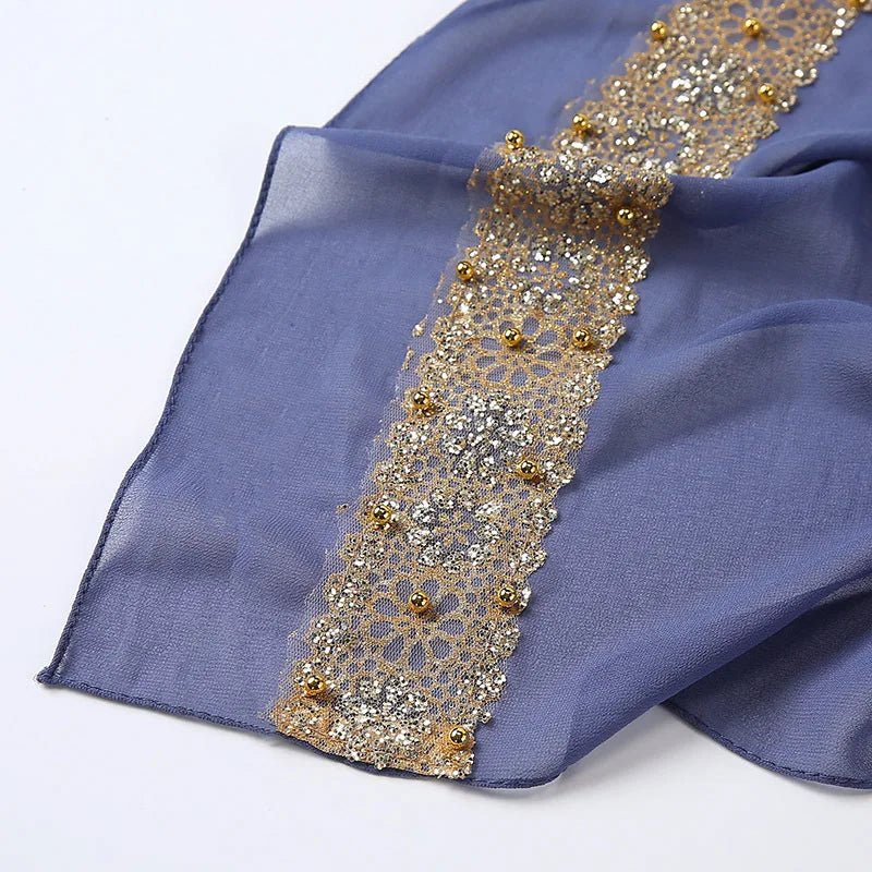 Women's Beaded Lace Chiffon Hijab Scarf – Elegant Islamic Headscarf