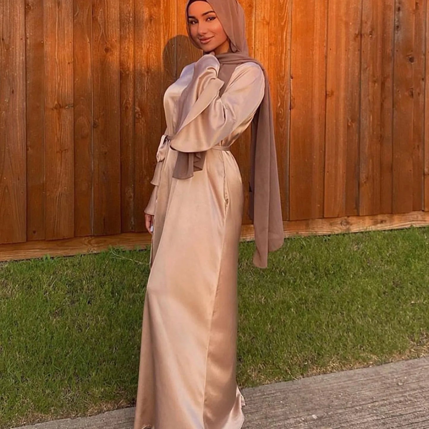 Women's Satin Abaya with Belt – Long Sleeve Maxi Dress, S–XXL