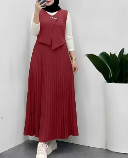 Layered Pleated Muslim Maxi Dress – Color-Blocked Patchwork Abaya Gown | Long Sleeve | S–XXXL | 3 Colors