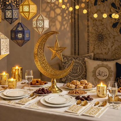 Ramadan Linen Table Decor Set – 19-Piece Islamic Embroidery Placemats, Runner, Coasters & Cutlery Bags