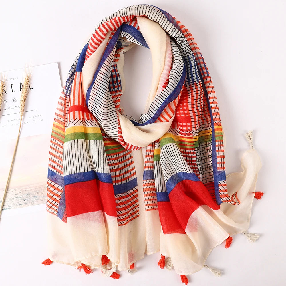 Large Printed Tassel Scarf & Shawl – Cotton Blend Hijab, Beach Wrap & Stole for Women (43 Colors)