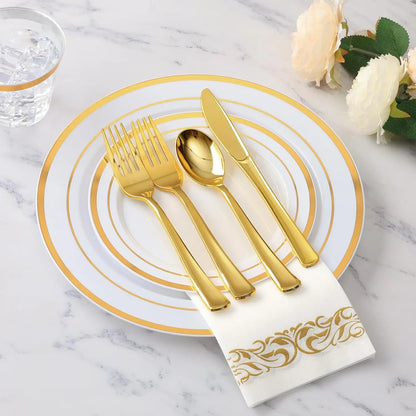 700-Piece Gold Disposable Dinnerware Set – Gold Rim Plates, Cups & Cutlery for 100 Guests | Eid & Ramadan