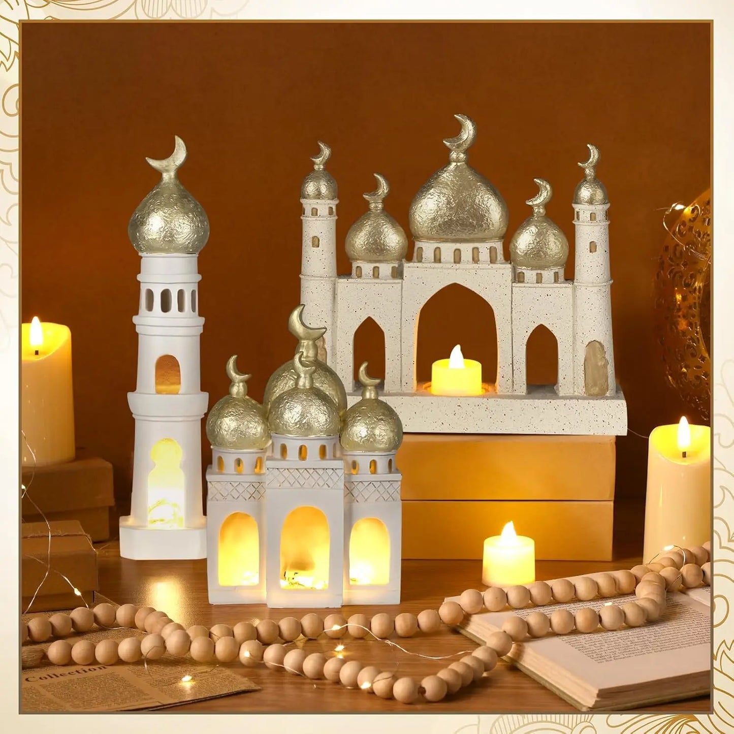 Mosque Tower Sculpture Set – Gold & White Ramadan Eid Decor (3 Pcs)
