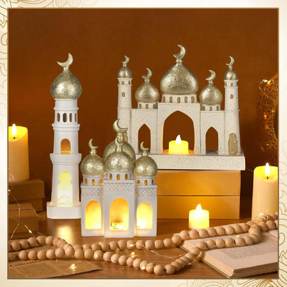 Mosque Tower Sculpture Set – Gold & White Ramadan Eid Decor (3 Pcs)