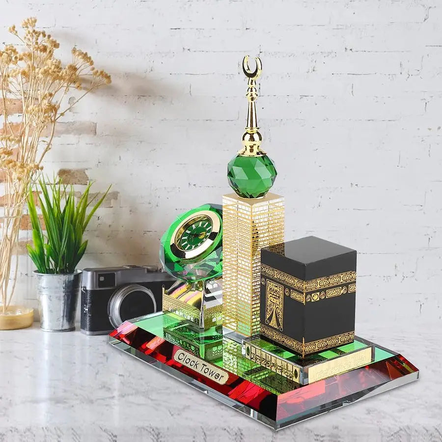 Kaaba Clock Tower Crystal Figurine | 3-in-1 Islamic Table Decor | Titanium Crystal Islamic Architecture Model
