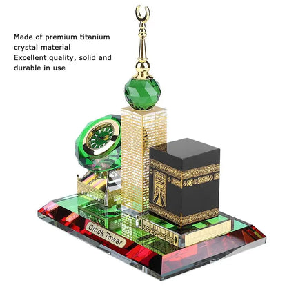 Kaaba Clock Tower Crystal Figurine | 3-in-1 Islamic Table Decor | Titanium Crystal Islamic Architecture Model