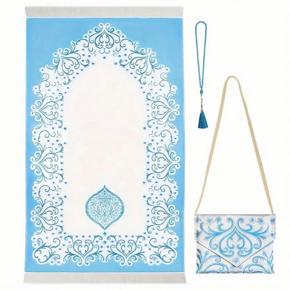 3-Piece Muslim Prayer Mat Set – Prayer Rug, Carry Bag & Tasbih Beads | Ramadan & Hajj Gift