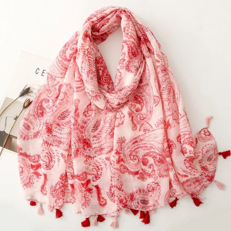 Printed Tassel Hijab Scarf & Shawl for Women | 88×180cm Bohemian Wrap | 60 Designs