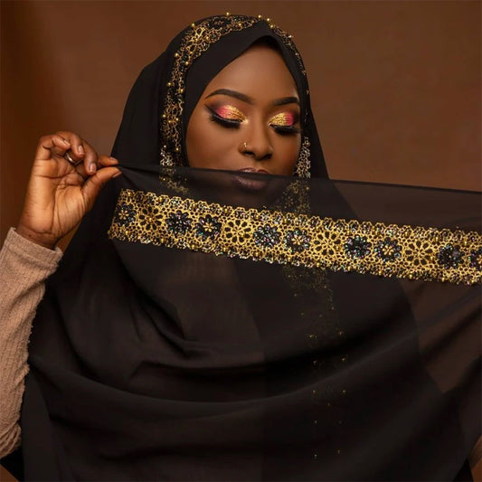 Women's Beaded Lace Chiffon Hijab Scarf – Elegant Islamic Headscarf
