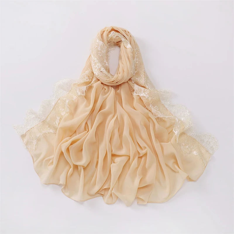 Plain Soft Hijab with Lace Trim – Lightweight Chiffon Muslim Headscarf & Shawl | 170×70cm | 12 Colors