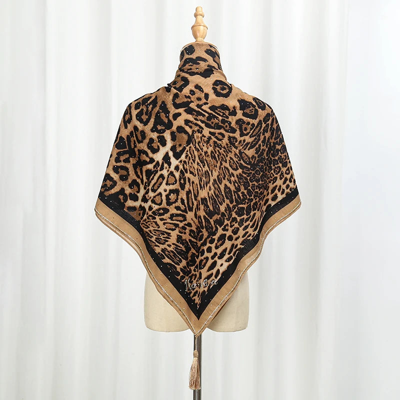 Leopard Print Satin Hijab with Diamond Detail – Square Headscarf & Shawl (4 Colors)