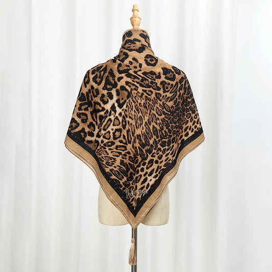 Leopard Print Satin Hijab with Diamond Detail – Square Headscarf & Shawl (4 Colors)