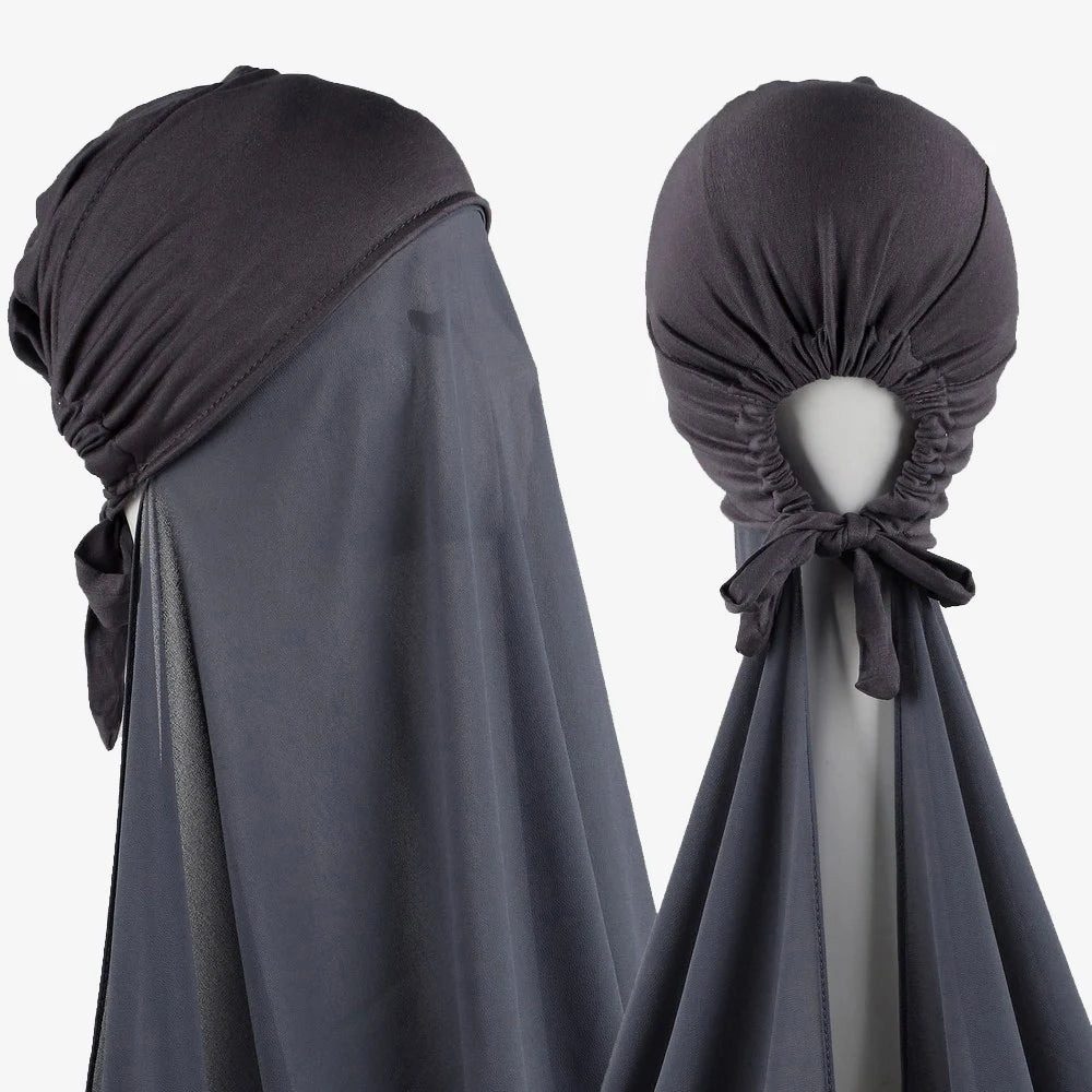 Women's Instant Hijab Bonnet with Chiffon Shawl – 2-in-1 Cap & Scarf