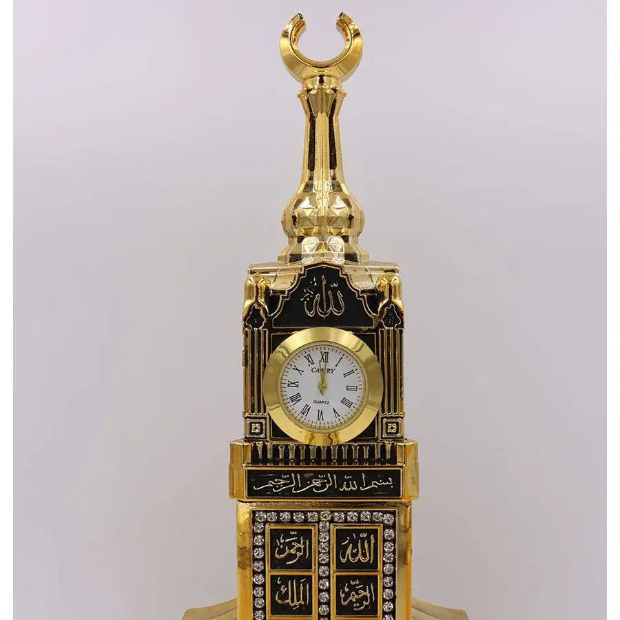 Kaaba & Clock Tower Replica Sculpture – 99 Names of Allah Gold Islamic Decor with Working Clock
