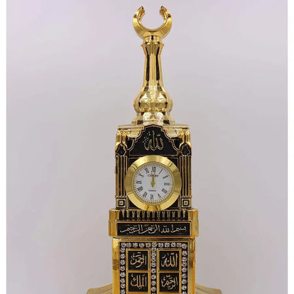 Kaaba & Clock Tower Replica Sculpture – 99 Names of Allah Gold Islamic Decor with Working Clock